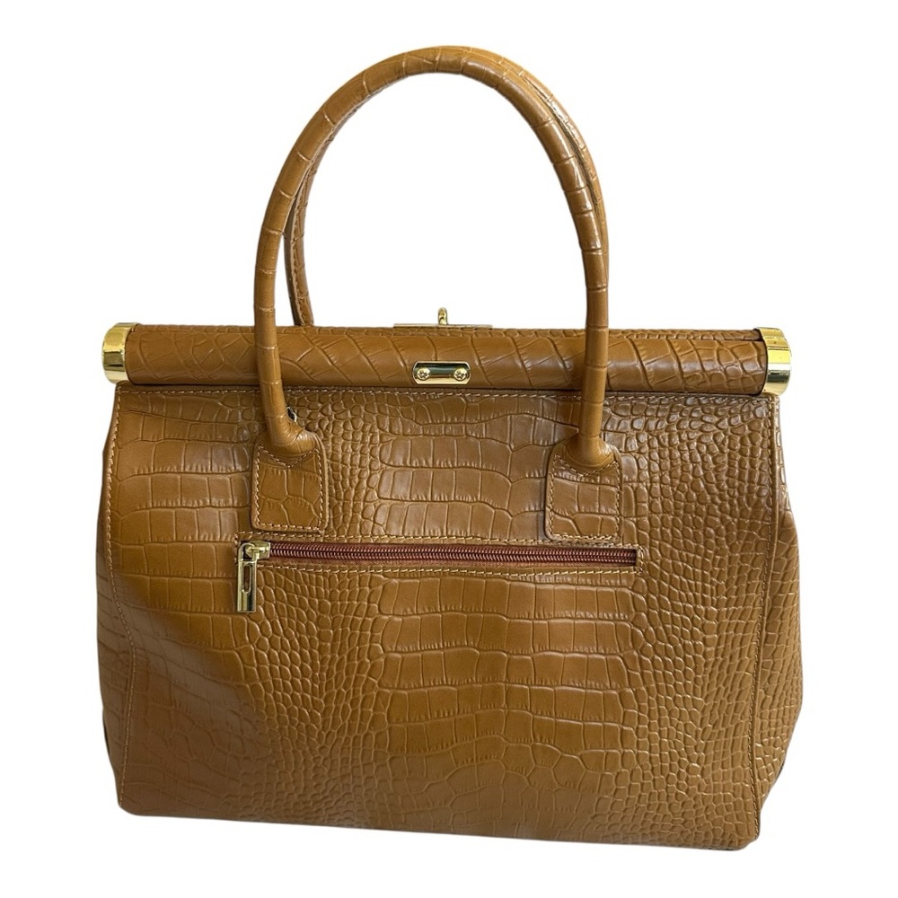 Italian Made Crocodile Embossed Genuine Leather Handbag Gold Hardware Turnlock - Picture 2 of 16